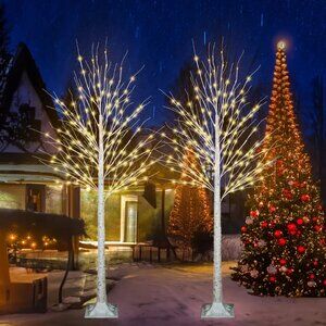 Set Of 2 Birch Trees with Lights -  5ft each - Pre-lit USB Powered Warm LED